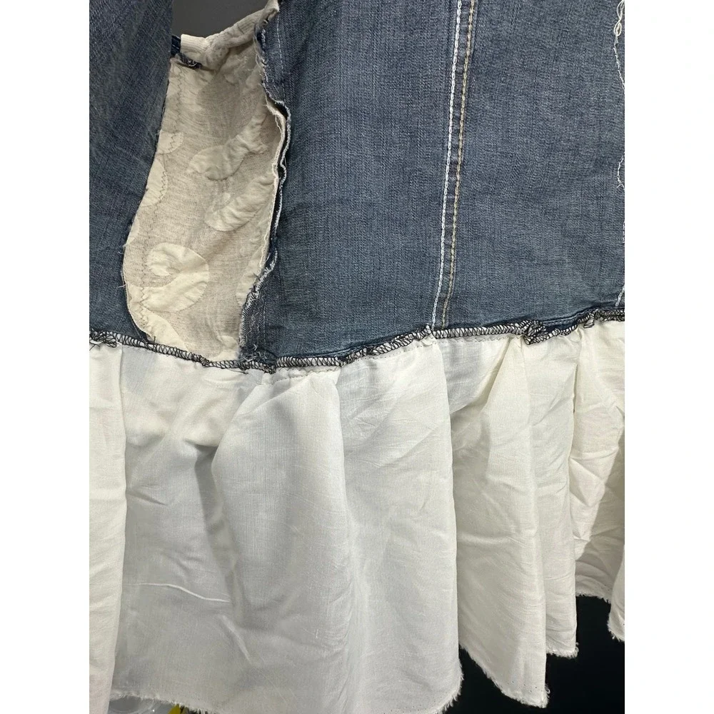 🦋 Upcycled Boho‎ Denim Vest w/ Crochet Lace Back & Ruffle Hem 🦋